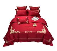 Long-staple Embroidered Four-piece Cotton Quilt Cover Sheet Wedding Bedding (Color Size 1.5m) (Red 7 piece Suit)