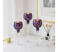 Long Stem Glass Candle Holder - Set of 3 Tall Tea Lights Candle Holders, Purple Crackle Glass Table Candle Holder Set, Inweder Mercury Glass Candle Holder Pillar for Centerpieces, Party, Home Decor
