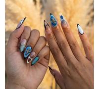 Long Stiletto False Nails with Metallic Cross Charms & Gothic Gradient Blue Art - 24pcs Glossy Black White Design Press On Nail Tips for DIY Manicure, Women's 3D Line Floral Almond Shape Set