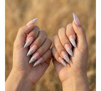 Long Stiletto Nail Tips with Iridescent Fire Design & Clear Glossy Finish - Artificial Nails Set for Women, Blue & Red Coffin and Almond False for Christmas Holiday Party Fashion