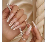 Long Stiletto Pink White V-Shape Glitter Rhinestones Press On Nails - Salon Quality Glossy Reusable False Manicure Set For Women Parties Weddings Special Events Elegant Design