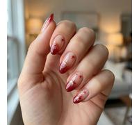 Long Stiletto Press-On False Nails, Nude To Deep Red Ombré, Gold Motifs