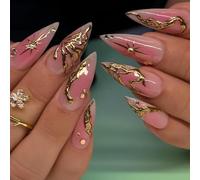 Long Stiletto Press-On False Nails, Pink Gradient, Gold-Tone Nail Art | Glossy semi-transparent finish, raised motifs, gem-like embellishments, for weddings, evening events and everyday styling