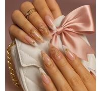 Long Stiletto Press-On False Nails with Glossy French Tips & Gold Pearl Accents - Nude Pink to White Gradient Artificial Nails for Women, Elegant for Daily Wear, Parties, Weddings and Special