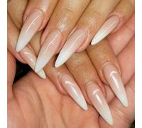 Long Stiletto Press On Nails - Gradient White Nude Pink Fake Nail Almond - Glossy Reusable French Tip False Nails With Glue - Full Cover Stick On Nails For Women Girls DIY Manicure Decoration