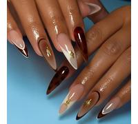 Long Stiletto Press-On Nails with Luxurious Marble Brown & Gold Details, 24PCS Nude French Tips Glossy False Nails Set for Women, Fashionable Elegant Manicure Kits for Parties