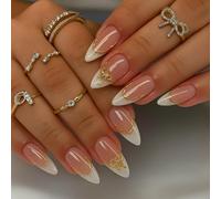 Long Stiletto Press On Nails with Milky French Tip & Gold Bow Accents - 24PCS Nude Glossy Artificial Nails for Women, Pre-Shaped Reusable False Kit with Elegant Manicure Design