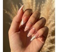 Long Stiletto Press On Nails with Nude Pink Base & White French Tips - Featuring Heart Details, Rhinestones, Glitter and Star Designs for Women, Daily Wear and Special Occasions