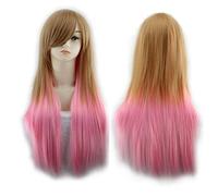 Long Straight Black Red Ombre Wig With Bangs Synthetic Harajuku ita Hair Anime Cosplay Wigs For Women OneSize brownpink