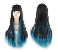 Long Straight Black Red Ombre Wig With Bangs Synthetic Harajuku ita Hair Anime Cosplay Wigs For Women OneSize blackblue