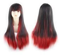 Long Straight Black Red Ombre Wig With Bangs Synthetic Harajuku ita Hair Anime Cosplay Wigs For Women OneSize blackred