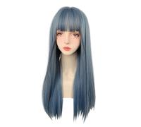 Long Straight Blue Grey Wig for Women with Bangs Natural Looking Wig Realistic Wigs Lolita Synthetic Cute Wigs for Women Daily Use