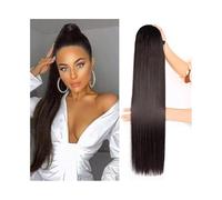 Long Straight Drawstring Ponytail Extensions #2 Dark Brown Human Hair Pony Tail Clip in Hair Piece for Women(16inches)