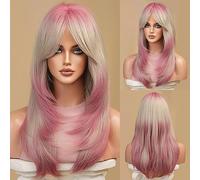 Long Straight Ombre Blonde to Pink Wigs with Curtain Bangs for Women, 23'' Layered Wigs Pink Roots Heat Resistant Hair for Daily Halloween Party Cosplay