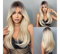 Long Straight Ombre Blonde Wigs with Bangs for Women, 26'' Wig Dark Roots Synthetic Heat Resistant Hair for Daily Halloween Party Cosplay