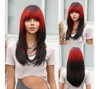 Long Straight Ombre Red to Black Wigs with Bangs for Women, 22'' Layered Wigs Black Roots Natural Heat Resistant Hair for Daily Halloween Party Cosplay