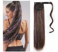 Long Straight Ponytail Extension, 22Inch Wrap Around Straight Hairpieces Natural Synthetic Clip in Pony Tail Hair Extensions for Women Girls (4# Darkest brown tends to black)