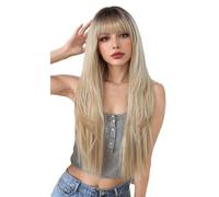 Long Straight Wig with Bangs, 26 Inch Layered Natural Looking, Heat Resistant Synthetic Wigs for Women Daily Use for Women Charming(Blonde)