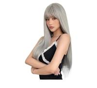 Long Straight Wig with Bangs, 26 Inch Layered Natural Looking, Heat Resistant Synthetic Wigs for Women Daily Use Fluffy and Natural(Grey)