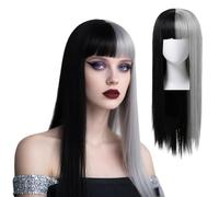 Long Straight Wig with Bangs Gothic Grey Half Black Two-Tone Hair for Cosplay Halloween Costume Parties Spooky Looks