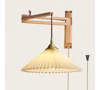 Long Swing Arm Sconce Plug in Pleated Fabric Shade Bedside Reading Light Wall Mounted Mid Century Wood Lamp Industrial Farmhouse Lighting Fixture for Bedroom Bed Headboard