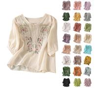 Long T Shirts for Women UK Linen Shirt Women Summer Embroidery Linen Tunic Tops Retro Jacquard Short Sleeve Boho Blouse Casual Loose Fit Flowy Hem Tee Deals of The Day Sale Prime