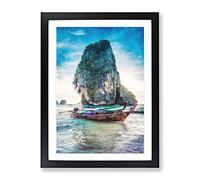 Long Tail Boats In Phuket Thailand Painting Modern Framed Print | A4 Black Framed Wall Art | Ready to Hang | Modern Historical Picture | Living Room Bedroom Lounge Office