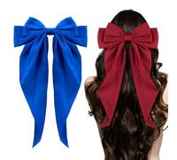 Long Tail Satin Silky Barrettes with Big Bows - 2pcs Burgundy Red & Royal Blue Hair Accessories for Women, Girls, Birthdays, Parties, Shows, Christmas & Independence Day
