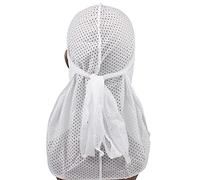 Long Tail Waves Cap Satin Durag Breathable Mesh Durag Bandanas Wide Straps Pirate Hair Loss Chemo Cap for Men Women White