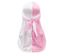 Long Tailed Hat Style Two Tone Satin Headscarf with Elastic Hair Bandana for Hip Hop Fashion (White2, One Size)