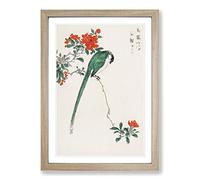 Long-Tailed Tit & Pomegranate by Numata Kashu Framed Print | A2 Oak Framed Wall Art | Ready to Hang | Modern Nature Picture | Living Room Bedroom Lounge Office