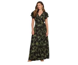 Long Tall Sally - LTS Tall Tropical Palm Frill Sleeve Maxi Dress - Women's Black