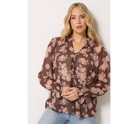 Long Tall Sally Women's Tall Floral Sheer Pintuck Blouse in Brown | Size: 14