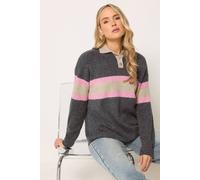 Long Tall Sally Women's Tall Stripe Knitted Polo Jumper in Dark Grey | Size: 8-10 Long Tall Sally Dark Grey 8-10