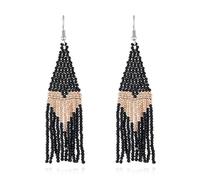 Long Tassel Love Heart Shape Boho Beaded Drop Earrings, Hand Woven Fashion Earrings，Wedding Jewelry Accessory，Black