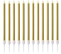 Long Thin Gold Birthday Candles for Cakes, Pack of 12 Pieces Long Gold Party Candles with Candle Holders, Tall Candles for Wedding, Birthday, Party Decorations, Anniversary and Meetups