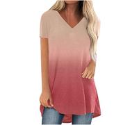 Long Tops for Women Summer Casual Plus Size V Neck Tunic Blouses Ladies Comfy Classic Fashion Color Block Baggy T-Shirt Loose Short Sleeve Long Line T Shirts
