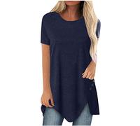 Long Tops for Women UK Summer Short Sleeve Long Line T Shirts Plus Size Ladies Plain Comfy Classic Baggy Tunic Tops Casual Elegant Round Neck Loose Blouses