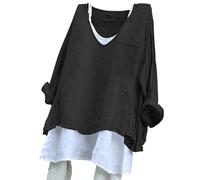 Long Tshirts Women UK Summer Linen Tops for Women UK Plus Size Long Sleeve Linen Shirts with Pockets Lightweight Crewneck Tunic Tops Baggy Solid My+Orders B Black