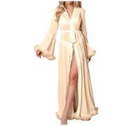 Long Tulle Robe with Sheer Lace Trim - Women's Sexy Lingerie Nightwear, Flare V Neck Long Sleeve Babydoll Sleepwear Cardigan Robe, Sheer See Through Nightgown