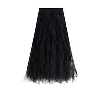 Long Tulle Skirt for Women - Classic Solid Color Irregular Mesh High Waist Elastic Thin Mesh Skirt,Fashionable with Lined Pleated Big Swing Mid-Length Skirt,Black,One Size