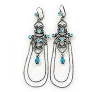 Long Vintage Inspired Light Blue Diamante Chandelier Earrings With Leverback Closure In Burn Silver Tone - 11cm Length