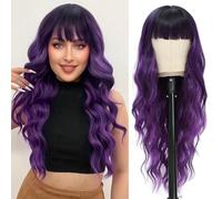 Long Wavy Curly Dark Purple Wig with Fringe for Women Natural Synthetic Hair Heat Resistant Wigs for Ladies Daily or Party Cosplay Wear-26 Inches Purple with Dark Roots