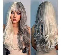 Long Wavy Half Platinum Blonde Half Ash Gray Wigs with Bangs for Women, 26" Natural Curly Synthetic Wig for Cosplay Halloween Daily Party