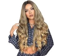 Long Wavy Ombre Ash Blonde Wig for Women, 26'' Curly Wigs Dark Roots Middle Part Synthetic Heat Resistant Hair Daily Halloween Party Cosplay