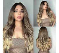 Long Wavy Ombre Ash Brown to Blond Wig for Women, 26'' Natural Curly Wigs Middle Part Synthetic Heat Resistant Hair Daily Halloween Party Cosplay