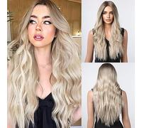 Long Wavy Ombre Brown to Platinum Blonde Wigs for Women, 24'' Natural Looking Middle Part Loose Wavy Synthetic Wig for Daily Party Cosplay