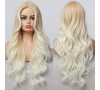 Long Wavy Ombre Brown to Platinum Blonde Wigs for Women, 28" Highlight Curly Wig Middle Part Synthetic Hair for Daily Party Cosplay