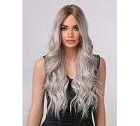 Long Wavy Ombre Brown to Silver Grey Wig for Women, 26'' Brown Roots Curly Wigs Middle Part Synthetic Heat Resistant Hair Daily Halloween Party Cosplay