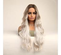 Long Wavy Ombre Brown to Silvery White Wigs for Women, 26 Inch Natural Middle Part Synthetic Heat Resistant Hair Daily Halloween Party Cosplay